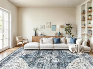 AMADA HOMEFURNISHING 8x10 Washable Area Rug, Low-Profile with Non-Slip Backing & Durable Edge Binding, Vintage Large Rugs for Living Room, Bedroom, Dining Room, Blue