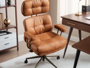 HOOOWOOO Mid-Century Modern Ergonomic Office Chair, Extra Wide Comfy Executive Chair with Lumbar Support, Suede Leather Light Brown
