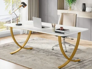 Tribesigns Executive Desk, 63” W x 31.5” D Large Office Desk, Modern Computer Desk Conference Table Meeting Room Table, Business Furniture for Home Office, White and Gold