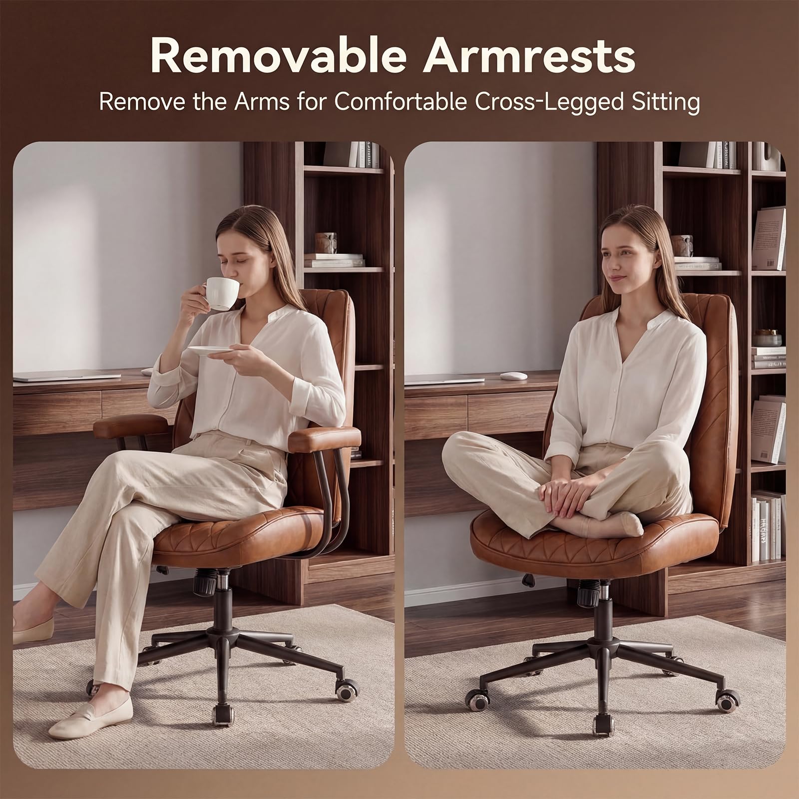 JULYMON Brown Leather Office Desk Chair with Quiet Rubber Wheels, Height Adjustable, Padded Arms, Vintage Mid Century Office Chair, Retro Style Desk Chair - Image 7