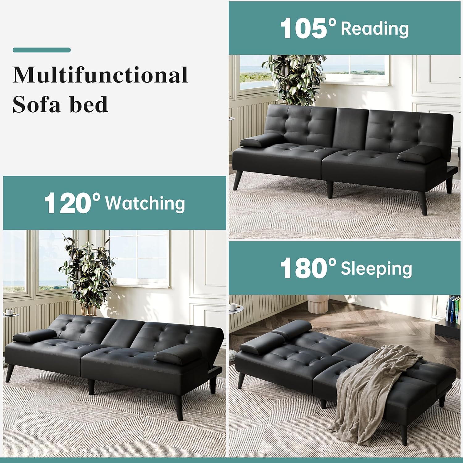 Modern Futon Sofa Bed Adjustable Sleeper Couch with Cup Holders - Image 6