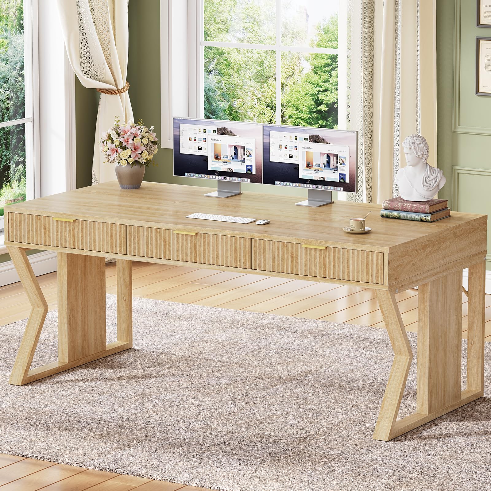 SEDETA 55" Executive Office Desk with 3 Drawers, Home Office Desk with Storage Drawers, Computer Writing Desk Study Table, Natural Oak