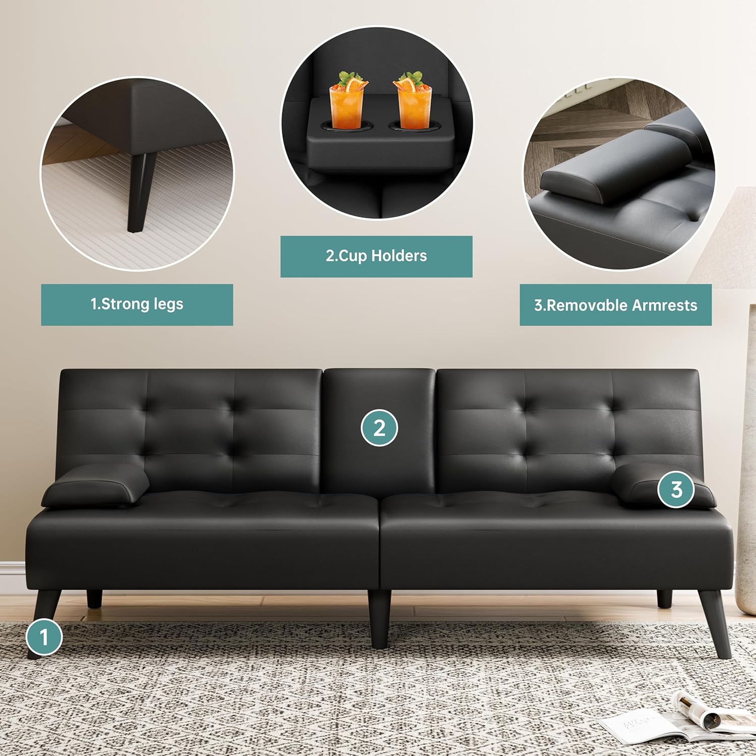 Modern Futon Sofa Bed Adjustable Sleeper Couch with Cup Holders - Image 5