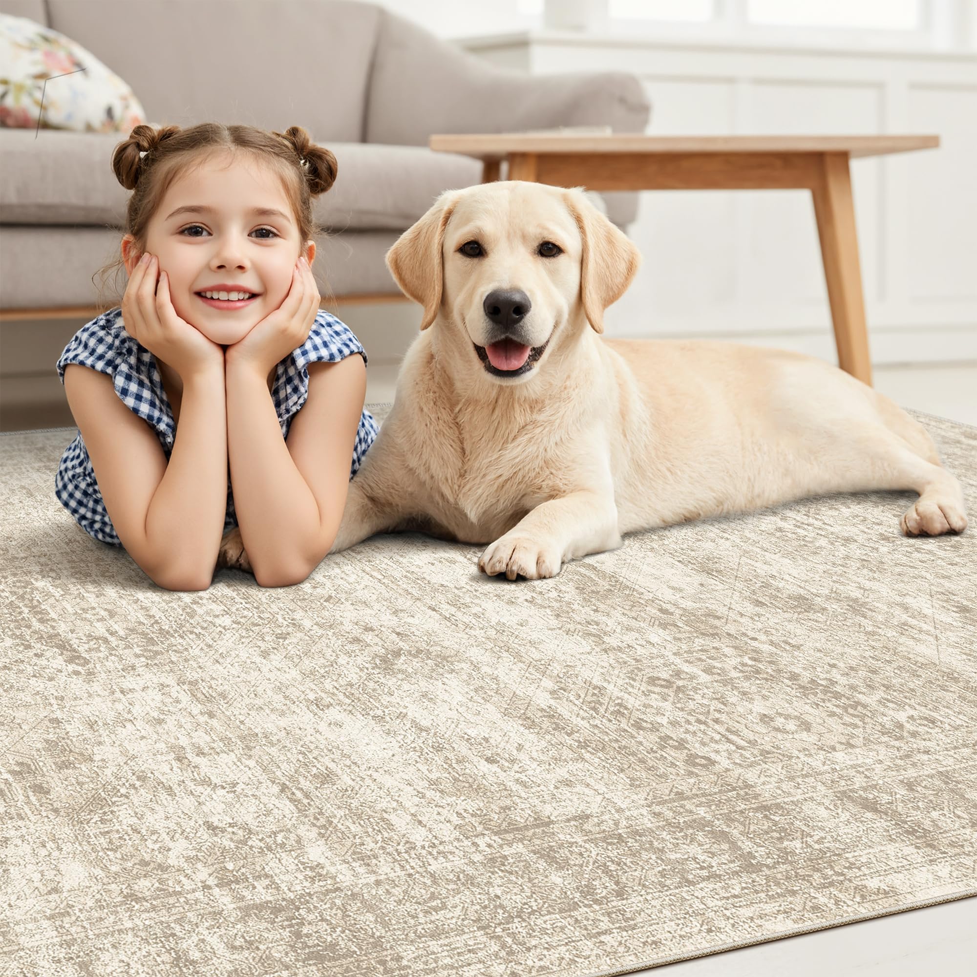 Soalmost Washable Area Rug 8x10, Large Soft Rugs for Living Room Vintage Beige Carpet 8x10 Area Rugs for Bedroom Dining Room Non-Slip Stain Resistant Under Table Rug - Image 2