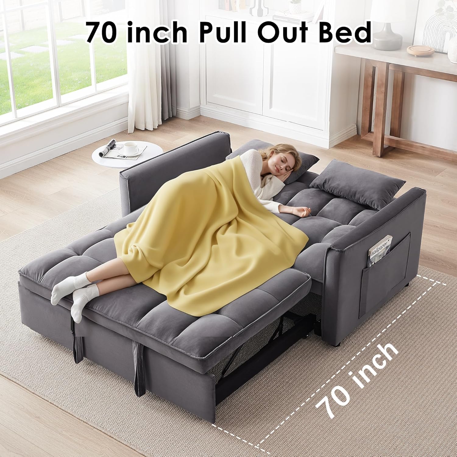 55 Inch Velvet Convertible Sleeper Sofa Bed with Adjustable Backrest & Storage - Image 4